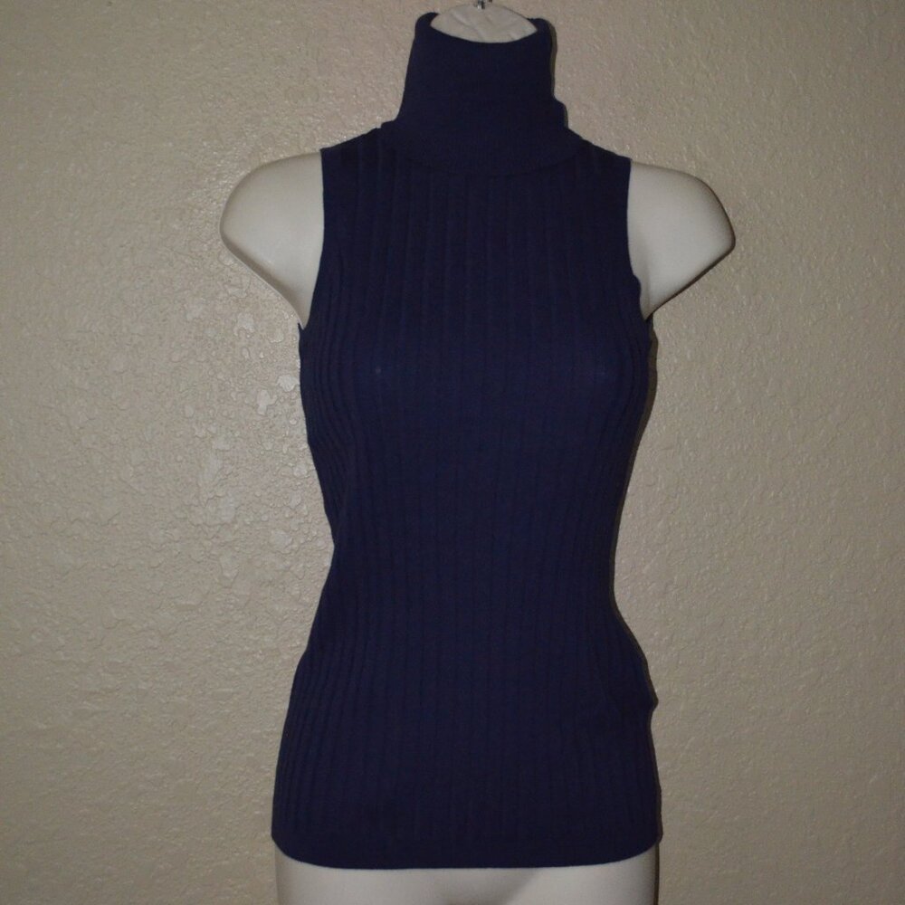 NWOT $225 Sz XS Allude Navy Cotton Blend Ribbed Sleeveless Turtleneck Top